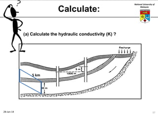 Calculate:

National University of
Malaysia

(a) Calculate the hydraulic conductivity (K) ?

5 km

28-Jan-14

37

 