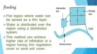 flooding
 Flat region where water can
be spread as a thin layer.
 Water is distributed over the
region using a distribution
system.
 This method can achieve
higher rate of infiltration in a
region having thin vegetation
cover or sand soil cover.
 