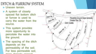 DITCH & FURROW SYSTEM
 Uneven terrain.
 A system of closely
spaced flat bottom ditch
or furrow is used to
carry the water from the
source.
 This system provides
more opportunity to
percolate the water into
the ground.
 The spacing of the ditch
depends on the
permeability of the soil.
For less permeable soil,
 