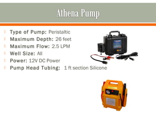    Type of Pump: Peristaltic
   Maximum Depth: 26 feet
   Maximum Flow: 2.5 LPM
   Well Size: All
   Power: 12V DC Power
   Pump Head Tubing: 1 ft section Silicone
 