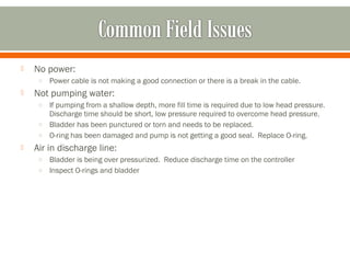   No power:
     o   Power cable is not making a good connection or there is a break in the cable.
   Not pumping water:
     o If pumping from a shallow depth, more fill time is required due to low head pressure.
       Discharge time should be short, low pressure required to overcome head pressure.
     o Bladder has been punctured or torn and needs to be replaced.
     o O-ring has been damaged and pump is not getting a good seal. Replace O-ring.
   Air in discharge line:
     o Bladder is being over pressurized. Reduce discharge time on the controller
     o Inspect O-rings and bladder
 