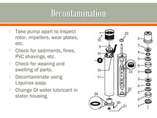    Take pump apart to inspect
    rotor, impellers, wear plates,
    etc.
   Check for sediments, fines,
    PVC shavings, etc.
   Check for wearing and
    swelling of parts.
   Decontaminate using
    Liquinox soap.
   Change DI water lubricant in
    stator housing.
 