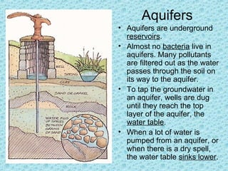 Aquifers
• Aquifers are underground
reservoirs.
• Almost no bacteria live in
aquifers. Many pollutants
are filtered out as the water
passes through the soil on
its way to the aquifer.
• To tap the groundwater in
an aquifer, wells are dug
until they reach the top
layer of the aquifer, the
water table.
• When a lot of water is
pumped from an aquifer, or
when there is a dry spell,
the water table sinks lower.

 