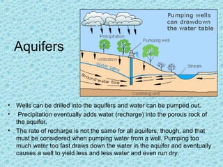Aquifers

•
•
•

Wells can be drilled into the aquifers and water can be pumped out.
Precipitation eventually adds water (recharge) into the porous rock of
the aquifer.
The rate of recharge is not the same for all aquifers, though, and that
must be considered when pumping water from a well. Pumping too
much water too fast draws down the water in the aquifer and eventually
causes a well to yield less and less water and even run dry.

 