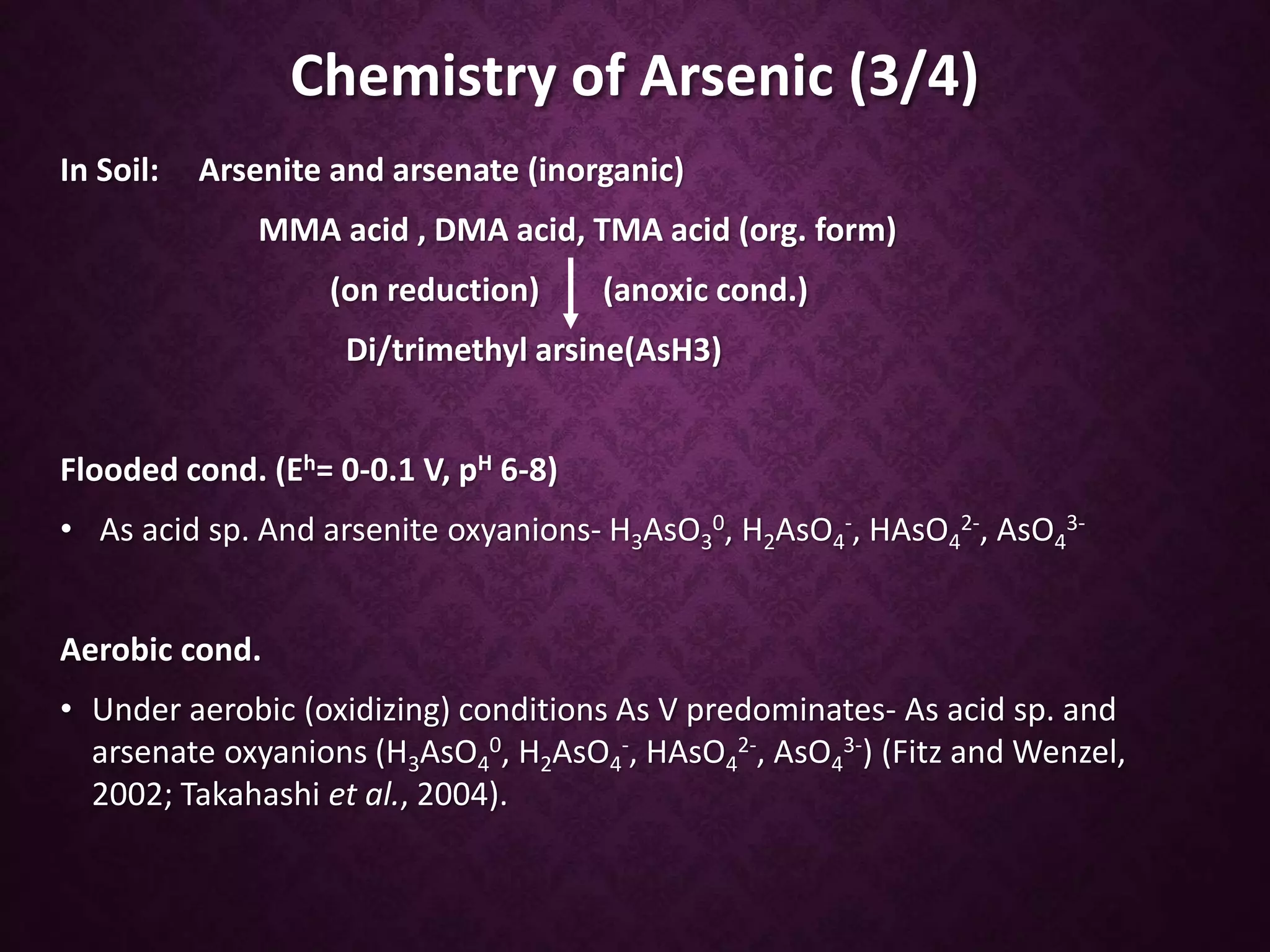 Chemistry of Arsenic (3/4)
In Soil: Arsenite and arsenate (inorganic)
MMA acid , DMA acid, TMA acid (org. form)
(on reduction) (anoxic cond.)
Di/trimethyl arsine(AsH3)
Flooded cond. (Eh= 0-0.1 V, pH 6-8)
• As acid sp. And arsenite oxyanions- H3AsO3
0, H2AsO4
-, HAsO4
2-, AsO4
3-
Aerobic cond.
• Under aerobic (oxidizing) conditions As V predominates- As acid sp. and
arsenate oxyanions (H3AsO4
0, H2AsO4
-, HAsO4
2-, AsO4
3-) (Fitz and Wenzel,
2002; Takahashi et al., 2004).
 
