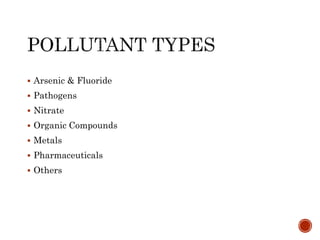  Arsenic & Fluoride
 Pathogens
 Nitrate
 Organic Compounds
 Metals
 Pharmaceuticals
 Others
 