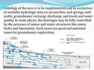  Lithology of the area is to be supplemented and by evaluation
of available hydrologic data on stream flow and springs, well
yields, groundwater recharge, discharge, and levels and water
quality. In some places, the drainages may be fully controlled
by the presence of minor and major structures like joints,
faults and lineaments. Such zones are good and potential
zones for groundwater exploration.
 