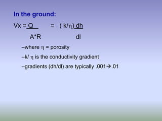 In the ground:
Vx = Q = ( k/η) dh
A*R dl
–where η = porosity
–k/ η is the conductivity gradient
–gradients (dh/dl) are typically .001Æ.01
 