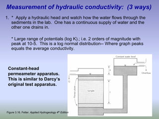 Measurement of hydraulic conductivity: (3 ways)
1. * Apply a hydraulic head and watch how the water flows through the
sediments in the lab. One has a continuous supply of water and the
other one drains in.
* Large range of potentials (log K).; i.e. 2 orders of magnitude with
peak at 10-5. This is a log normal distribution-- Where graph peaks
equals the average conductivity.
Constant-head
permeameter apparatus.
This is similar to Darcy’s
original test apparatus.
Figure 3.16. Fetter. Applied Hydrogeology 4th
Edition
 