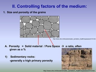 II. Controlling factors of the medium:
1. Size and porosity of the grains
A. Porosity = Solid material / Pore Space Æ a ratio, often
given as a %
1) Sedimentary rocks:
-generally a high primary porosity
http://www.who.int/docstore/water_sanitation_health/wqassess/ch14.htm
http://www.who.int/docstore/water_sanitation_health/wqassess/ch14.htm
 