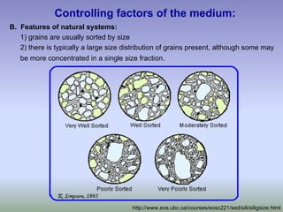 Controlling factors of the medium:
B. Features of natural systems:
1) grains are usually sorted by size
2) there is typically a large size distribution of grains present, although some may
be more concentrated in a single size fraction.
http://www.eos.ubc.ca/courses/eosc221/sed/sili/siligsize.html
 