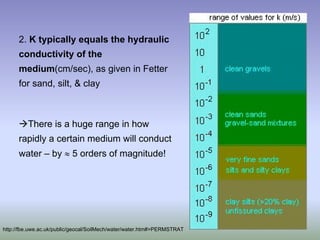 2. K typically equals the hydraulic
conductivity of the
medium(cm/sec), as given in Fetter
for sand, silt, & clay
ÆThere is a huge range in how
rapidly a certain medium will conduct
water – by ≈ 5 orders of magnitude!
http://fbe.uwe.ac.uk/public/geocal/SoilMech/water/water.htm#>PERMSTRAT
 