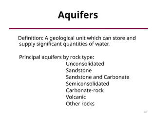 32
Aquifers
Definition: A geological unit which can store and
supply significant quantities of water.
Principal aquifers by rock type:
Unconsolidated
Sandstone
Sandstone and Carbonate
Semiconsolidated
Carbonate-rock
Volcanic
Other rocks
 
