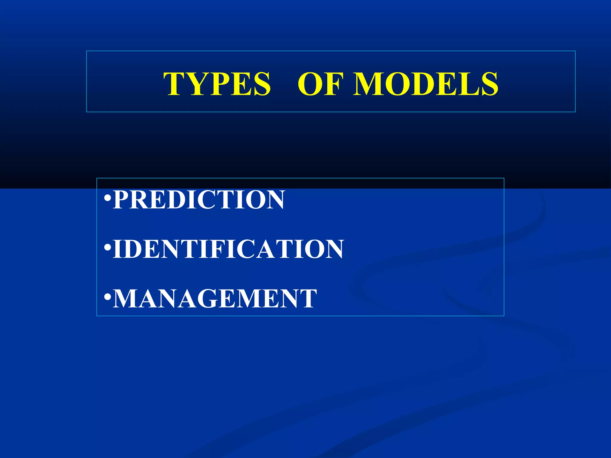 TYPES OF MODELS
•PREDICTION
•IDENTIFICATION
•MANAGEMENT
 
