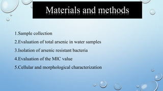 Materials and methods
1.Sample collection
2.Evaluation of total arsenic in water samples
3.Isolation of arsenic resistant bacteria
4.Evaluation of the MIC value
5.Cellular and morphological characterization
 