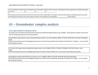 GROUNDWATER ANALYSISREPORT|CHETANA – Hyderabad|
1
The Groundwatersampleswere collectedfromthe borewellslocatedinthe slumareasinHyderabad.These sampleswere collectedduringthe
periodA1 _______________A2_____________B1_____________B2_______________.
The sampleswere testedatthe Centre forEnvironment,JNTU,Hyderabad.The analysisisdone forthe samplescollectedduring fourperiods
formingtwosetsbasedonthe same locationscovered. The sampleswere collectedby_______________ (write names)
A1 – Groundwater samples analysis
Test report dated 11 January 2012
65 sampleswere collectedandtestedforPhysicochemical andMicrobiological AnalysisasperIS10500 - Drinkingwaterstandard.Itwasfound
that the followingsamplesare of drinkingstandards.
16-Ambedhkarnagar(teacherscolony)-backside Railwaynilayam,D.no:10-3-162/37g.f-1801ft-17*26.439'-78*30.581'-24-03-2011-Ambedhkar
nagar
All the Physicochemical andmicrobiological parametersare withinthe permissible limitexceptthe fluoridewhichis1.58 ppm – can be usedfor
drinkingwaterpurpose.
17-Chacha nehrunagar-Nearpvrhighschool,kalpanaroad, D.no:6-6-426/64-1747ft-17*25.634'-78*29.680'-24-03-2011-Chacha nehru
nagar
All the Physicochemical andmicrobiological parametersare withinthe permissible limit –can be usedfor drinkingwaterpurpose.
42-bangladeshmarket-NearDOTSTB centeroffice, D.no:1-4-308/22-1705ft-17*25.235'-78*29.749'-29-03-2011-Bholakpur-
All the Physicochemical andmicrobiological parametersare withinthe permissible limitexceptthe fluoridewhichis1.6ppm – can be usedfor
drinkingwaterpurpose.
 