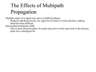 The Effects of Multipath
Propagation
Multiple copies of a signal may arrive at different phases
If phases add destructively, the signal level relative to noise declines, making
detection more difficult
Intersymbol interference (ISI)
One or more delayed copies of a pulse may arrive at the same time as the primary
pulse for a subsequent bit
 