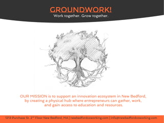 Groundwork!
Work together. Grow together.
1213 Purchase St. 2nd
Floor New Bedford, MA | newbedfordcoworking.com | info@newbedfordcoworking.com
OUR MISSION is to support an innovation ecosystem in New Bedford,
by creating a physical hub where entrepreneurs can gather, work,
and gain access to education and resources.
 