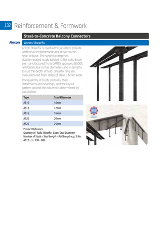 132 Reinforcement  Formwork
	 Steel-to-Concrete Balcony Connectors
	 Ancon Shearfix
	
Ancon Shearfix is used within a slab to provide
additional reinforcement around a column
head or base. The system comprises
double-headed studs welded to flat rails. Studs
are manufactured from CARES approved B500C
reinforcing bar in five diameters and in lengths
to suit the depth of slab. Shearfix rails are
manufactured from strips of steel, 16mm wide.
The quantity of studs and rails, their
dimensions and spacings, and the layout
pattern around the column is determined by
calculation.
	
Type Stud Diameter
AS10 10mm
AS12 12mm
AS16 16mm
AS20 20mm
AS25 25mm
Product Reference
Quantity of Rails. Shearfix Code, Stud Diameter -
Number of Studs - Stud Length - Rail Length e.g. 5 No.
AS12 - 3 - 230 - 600
	
	
 