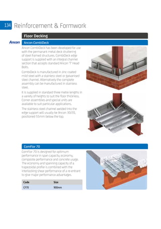 134 Reinforcement  Formwork
	 Floor Decking
	 Ancon CombiDeck
	
Ancon CombiDeck has been developed for use
with the permanant metal deck shuttering
of steel framed structures. CombiDeck edge
support is supplied with an integral channel
section that accepts standard Ancon ‘T’ Head
Bolts.
CombiDeck is manufactured in zinc coated
mild steel with a stainless steel or galvanised
steel channel. Alternatively the complete
assembly can be manufactured in stainless
steel.
It is supplied in standard three metre lengths in
a variety of heights to suit the floor thickness.
Corner assemblies and special units are
available to suit particular applications.
The stainless steel channel welded into the
edge support will usually be Ancon 30/20,
positioned 55mm below the top.
	 ComFlor 70
	
ComFlor 70 is designed for optimum
performance in span capacity, economy,
composite performance and concrete usage.
The economy and spanning capacity of a
trapezoidal profile is combined with the
interlocking shear performance of a re-entrant
to give major performance advantages.
	
Code Size
CF70 900mm
 