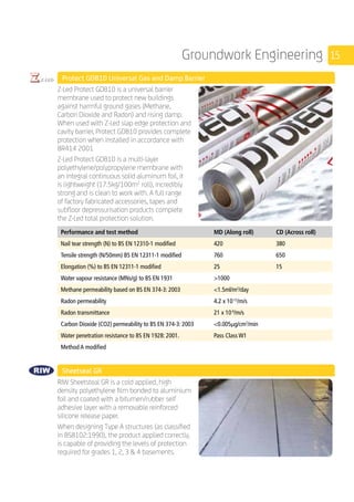 15Groundwork Engineering
	 Protect GDB10 Universal Gas and Damp Barrier
	
Z-Led Protect GDB10 is a universal barrier
membrane used to protect new buildings
against harmful ground gases (Methane,
Carbon Dioxide and Radon) and rising damp.
When used with Z-Led slap edge protection and
cavity barrier, Protect GDB10 provides complete
protection when installed in accordance with
BR414 2001
Z-Led Protect GDB10 is a multi-layer
polyethylene/polypropylene membrane with
an integral continuous solid aluminum foil, it
is lightweight (17.5kg/100m2
roll), incredibly
strong and is clean to work with. A full range
of factory fabricated accessories, tapes and
subfloor depressurisation products complete
the Z-Led total protection solution.
	
Performance and test method MD (Along roll) CD (Across roll)
Nail tear strength (N) to BS EN 12310-1 modified 420 380
Tensile strength (N/50mm) BS EN 12311-1 modified 760 650
Elongation (%) to BS EN 12311-1 modified 25 15
Water vapour resistance (MNs/g) to BS EN 1931 1000
Methane permeability based on BS EN 374-3: 2003	 1.5ml/m2
/day
Radon permeability 4.2 x 10-12
/m/s
Radon transmittance 21 x 10-9
/m/s
Carbon Dioxide (CO2) permeability to BS EN 374-3: 2003 0.005µg/cm2
/min
Water penetration resistance to BS EN 1928: 2001. Pass Class W1
Method A modified
Sheetseal GR 	
	
RIW Sheetsteal GR is a cold applied, high
density polyethylene film bonded to aluminium
foil and coated with a bitumen/rubber self
adhesive layer with a removable reinforced
silicone release paper.
When designing Type A structures (as classified
in BS8102:1990), the product applied correctly,
is capable of providing the levels of protection
required for grades 1, 2, 3  4 basements.
 