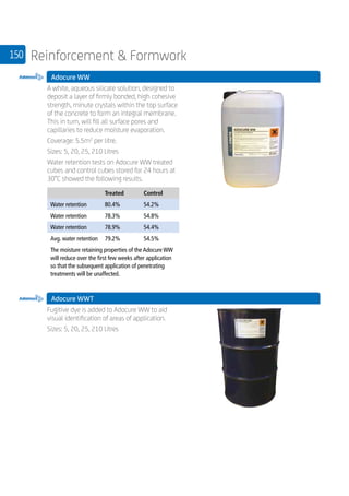 150 Reinforcement  Formwork
Adocure WW
	
A white, aqueous silicate solution, designed to
deposit a layer of firmly bonded, high cohesive
strength, minute crystals within the top surface
of the concrete to form an integral membrane.
This in turn, will fill all surface pores and
capillaries to reduce moisture evaporation.
Coverage: 5.5m2
per litre.
Sizes: 5, 20, 25, 210 Litres
Water retention tests on Adocure WW treated
cubes and control cubes stored for 24 hours at
30°C showed the following results.
	
Treated Control
Water retention 80.4% 54.2%
Water retention 78.3% 54.8%
Water retention 78.9% 54.4%
Avg. water retention 79.2% 54.5%
The moisture retaining properties of the Adocure WW
will reduce over the first few weeks after application
so that the subsequent application of penetrating
treatments will be unaffected.
Adocure WWT
	
Fugitive dye is added to Adocure WW to aid
visual identification of areas of application.
Sizes: 5, 20, 25, 210 Litres
 