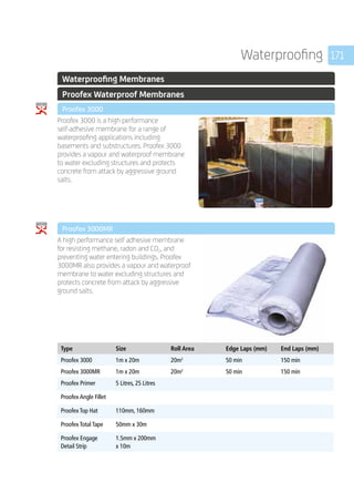 171Waterproofing
	 Waterproofing Membranes
	 Proofex Waterproof Membranes
	 Proofex 3000
	
Proofex 3000 is a high performance
self-adhesive membrane for a range of
waterproofing applications including
basements and substructures. Proofex 3000
provides a vapour and waterproof membrane
to water excluding structures and protects
concrete from attack by aggressive ground
salts.
	 Proofex 3000MR
	
A high performance self adhesive membrane
for resisting methane, radon and CO2, and
preventing water entering buildings. Proofex
3000MR also provides a vapour and waterproof
membrane to water excluding structures and
protects concrete from attack by aggressive
ground salts.
	
Type Size Roll Area Edge Laps (mm) End Laps (mm)
Proofex 3000 1m x 20m 20m2
50 min 150 min
Proofex 3000MR 1m x 20m 20m2
50 min 150 min
Proofex Primer 5 Litres, 25 Litres
Proofex Angle Fillet
Proofex Top Hat 110mm, 160mm
Proofex Total Tape 50mm x 30m
Proofex Engage
Detail Strip
1.5mm x 200mm
x 10m
 