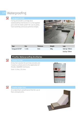 174 Waterproofing
	 Famguard GS100
	
Famguard GS100 is a bridge deck
waterproofing membrane. It is a hot-applied
pour and roll sheet system for use on podia,
hard standings and local authority bridges.
	
Type Size Thickness Weight Laps
Famguard GS100* 1 x 8m 3mm 38kg Side lap: 100mm
End lap: 150mm
	 Proofex Waterproofing Ancillaries
	 Proofex Primer
	
A bitumen solution for priming concrete and
masonry surfaces prior to the application of
Proofex 3000MR membrane.
Sizes: 5 Litres, 25 Litres
	 Proofex Angle Fillet
	
An angled foam polyethylene fillet for use at
floor and wall joints.
 