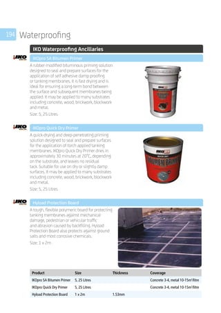 194 Waterproofing
	 IKO Waterproofing Ancillaries
	 IKOpro SA Bitumen Primer
	
A rubber-modified bituminous priming solution
designed to seal and prepare surfaces for the
application of self­adhesive damp proofing
or tanking membranes. It is fast­drying and is
ideal for ensuring a long-term bond between
the surface and subsequent membranes being
applied. It may be applied to many substrates
including concrete, wood, brickwork, blockwork
and metal.
Size: 5, 25 Litres
	 IKOpro Quick Dry Primer
	
A quick-drying and deep-penetrating priming
solution designed to seal and prepare surfaces
for the application of torch applied tanking
membranes. IKOpro Quick Dry Primer dries in
approximately 30 minutes at 20°C, depending
on the substrate, and leaves no residual
tack. Suitable for use on dry or slightly damp
surfaces. It may be applied to many substrates
including concrete, wood, brickwork, blockwork
and metal.
Size: 5, 25 Litres
	 Hyload Protection Board
	
A tough, flexible polymeric board for protecting
tanking membranes against mechanical
damage, pedestrian or vehicular traffic
and abrasion caused by backfilling. Hyload
Protection Board also protects against ground
salts and most corrosive chemicals.
Size: 1 x 2m
	
Product Size Thickness Coverage
IKOpro SA Bitumen Primer 5, 25 Litres Concrete 3-4, metal 10-15m2
/litre
IKOpro Quick Dry Primer 5, 25 Litres Concrete 3-4, metal 10-15m2
/litre
Hyload Protection Board 1 x 2m 1.53mm
 
