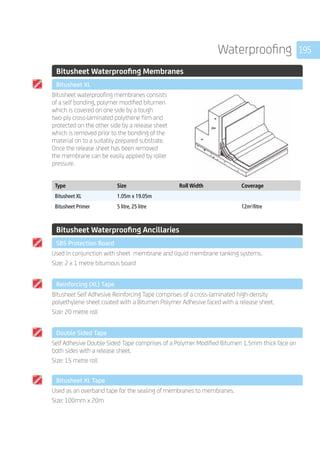 195Waterproofing
	 Bitusheet Waterproofing Membranes
	 Bitusheet XL
	
Bitusheet waterproofing membranes consists
of a self bonding, polymer modified bitumen
which is covered on one side by a tough
two-ply cross-laminated polythene film and
protected on the other side by a release sheet
which is removed prior to the bonding of the
material on to a suitably prepared substrate.
Once the release sheet has been removed
the membrane can be easily applied by roller
pressure.
	
Type Size Roll Width Coverage
Bitusheet XL 1.05m x 19.05m
Bitusheet Primer 5 litre, 25 litre 12m2
/litre
	
	 Bitusheet Waterproofing Ancillaries
	 SBS Protection Board
	
Used in conjunction with sheet membrane and liquid membrane tanking systems.
Size: 2 x 1 metre bitumous board
	 Reinforcing (XL) Tape
	
Bitusheet Self Adhesive Reinforcing Tape comprises of a cross-laminated high-density
polyethylene sheet coated with a Bitumen Polymer Adhesive faced with a release sheet.
Size: 20 metre roll
	 Double Sided Tape
	
Self Adhesive Double Sided Tape comprises of a Polymer Modified Bitumen 1.5mm thick face on
both sides with a release sheet.
Size: 15 metre roll
	 Bitusheet XL Tape
	
Used as an overband tape for the sealing of membranes to membranes.
Size: 100mm x 20m
 