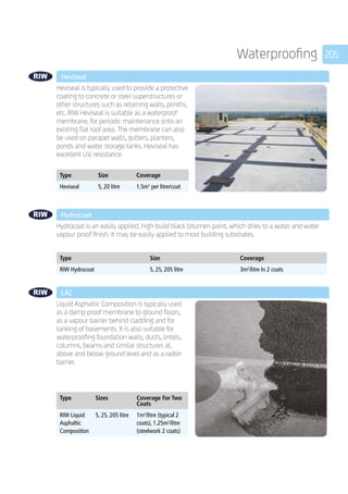 205Waterproofing
	 Heviseal
	
Heviseal is typically used to provide a protective
coating to concrete or steel superstructures or
other structures such as retaining walls, plinths,
etc. RIW Heviseal is suitable as a waterproof
membrane, for periodic maintenance onto an
existing flat roof area. The membrane can also
be used on parapet walls, gutters, planters,
ponds and water storage tanks. Heviseal has
excellent U.V. resistance.
	
Type Size Coverage
Heviseal 5, 20 litre 1.5m2
per litre/coat
	
	 Hydrocoat
	
Hydrocoat is an easily applied, high-build black bitumen paint, which dries to a water and water
vapour proof finish. It may be easily applied to most building substrates.
	
Type Size Coverage
RIW Hydrocoat 5, 25, 205 litre 3m2
/litre In 2 coats
	 LAC
	
Liquid Asphaltic Composition is typically used
as a damp proof membrane to ground floors,
as a vapour barrier behind cladding and for
tanking of basements. It is also suitable for
waterproofing foundation walls, ducts, lintels,
columns, beams and similar structures at,
above and below ground level and as a radon
barrier.
	
Type Sizes Coverage For Two
Coats
RIW Liquid
Asphaltic
Composition
5, 25, 205 litre 1m2
/litre (typical 2
coats), 1.25m2
/litre
(steelwork 2 coats)
 