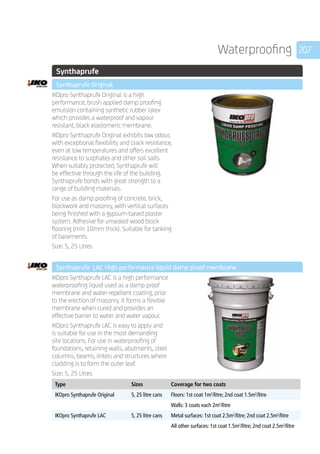 207Waterproofing
	 Synthaprufe
	 Synthaprufe Original
	
IKOpro Synthaprufe Original is a high
performance, brush applied damp proofing
emulsion containing synthetic rubber latex
which provides a waterproof and vapour
resistant, black elastomeric membrane.
IKOpro Synthaprufe Original exhibits low odour,
with exceptional flexibility and crack resistance,
even at low temperatures and offers excellent
resistance to sulphates and other soil salts.
When suitably protected, Synthaprufe will
be effective through the life of the building.
Synthaprufe bonds with great strength to a
range of building materials.
For use as damp proofing of concrete, brick,
blockwork and masonry, with vertical surfaces
being finished with a gypsum-based plaster
system. Adhesive for unsealed wood block
flooring (min 10mm thick). Suitable for tanking
of basements.
Size: 5, 25 Litres
	 Synthaprufe LAC High performance liquid damp proof membrane
	
IKOpro Synthaprufe LAC is a high performance
waterproofing liquid used as a damp proof
membrane and water-repellent coating, prior
to the erection of masonry. It forms a flexible
membrane when cured and provides an
effective barrier to water and water vapour.
IKOpro Synthaprufe LAC is easy to apply and
is suitable for use in the most demanding
site locations. For use in waterproofing of
foundations, retaining walls, abutments, steel
columns, beams, lintels and structures where
cladding is to form the outer leaf.
Size: 5, 25 Litres
	
Type Sizes Coverage for two coats
IKOpro Synthaprufe Original 5, 25 litre cans Floors: 1st coat 1m2
/litre; 2nd coat 1.5m2
/litre
Walls: 3 coats each 2m2
/litre
IKOpro Synthaprufe LAC 5, 25 litre cans Metal surfaces: 1st coat 2.5m2
/litre; 2nd coat 2.5m2
/litre
All other surfaces: 1st coat 1.5m2
/litre; 2nd coat 2.5m2
/litre
	
 