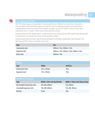 215Waterproofing
	 PVC Waterstop Profiles
	
SCP PVC Waterstops are available in various profiles for different concrete joint situations.
Flat Dumbell and Centrebulb types are used for internal waterstop details and have been
independently tested to prevent the ingress of water, up to 27m head in construction and
expansion joints in water retaining and excluding structures.
Extaseal external PVC Waterstop is a high performance heavy duty profile specifically developed
to seal joints in concrete structures at the outside surface.
Pilecap waterstop has been specifically developed to provide a watertight seal between the
pilecap and floor slab in concrete structures.
	
Type Size
Construction Joint 200mm x 15m, 250mm x 10m
Expansion Joint 200mm x 15m, 250mm x 10m, 320mm x 10m
Kicker Joint 320mm x 10m
	
Pilecap
Type Width Roll Size
Construction Joint 125 x 125mm 25m
Expansion Joint 125 x 125mm 25m
	
Dumbell and Centrebulb
Type Width x 5mm web (Eyeletted) Width x 10mm web (Heavy Duty)
Flat Dumbell Construction Joint 150, 200, 260mm 150, 250mm
Centrebulb Expansion Joint 150, 200, 260mm 150, 250, 305mm
Roll Size 15mm 10m
 