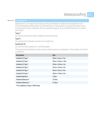 221Waterproofing
	 Swellseal 3V
	
Swellseal 3V is an elastic strip made out of a combination of rubber and a hydrophilic resin.
Enclosed between prefabricated concrete elements, it will expand in contact with water and in
this way seal the joint. Swellseal 3V has a swelling capacity of up to 300 times when in contact
with water.
Type F
For sealing construction joints between precast elements.
Type S
For sealing joints between precast tunnel segments.
Swellseal 3V
Can only function properly in a confined space.
The expansion of Swellseal 3V will create a certain pressure. Installation in the middle of the joint
is preferred.
	
Description Size
Swellseal 3V Type F 20mm x 5mm x 15m
Swellseal 3V Type F 20mm x 10mm x 10m
Swellseal 3V Type F 20mm x 20mm x 5m
Swellseal 3V Type F 27mm x 27mm x 5m
Swellseal 3V Type S 20mm x 5mm x 15m
Swellseal 3V Type S 20mm x 10mm x 5m
Swellseal Adhesive 5 litres
Swellseal Adhesive P 25 litres
Swellseal Adhesive S* 25 litres
*For installation of Type S 3V/8V Strips
	
 