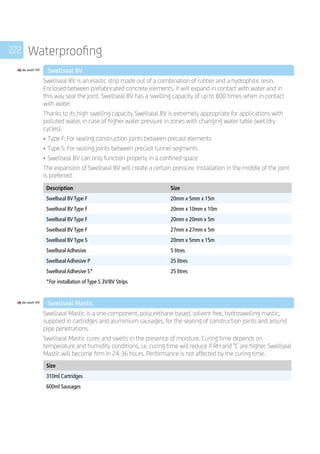 222 Waterproofing
	 Swellseal 8V
	
Swellseal 8V is an elastic strip made out of a combination of rubber and a hydrophilic resin.
Enclosed between prefabricated concrete elements, it will expand in contact with water and in
this way seal the joint. Swellseal 8V has a swelling capacity of up to 800 times when in contact
with water.
Thanks to its high swelling capacity Swellseal 8V is extremely appropriate for applications with
polluted water, in case of higher water pressure in zones with changing water table (wet/dry
cycles).
•	Type F: For sealing construction joints between precast elements
•	Type S: For sealing joints between precast tunnel segments
•	Swellseal 8V can only function properly in a confined space
The expansion of Swellseal 8V will create a certain pressure. Installation in the middle of the joint
is preferred.
	
Description Size
Swellseal 8V Type F 20mm x 5mm x 15m
Swellseal 8V Type F 20mm x 10mm x 10m
Swellseal 8V Type F 20mm x 20mm x 5m
Swellseal 8V Type F 27mm x 27mm x 5m
Swellseal 8V Type S 20mm x 5mm x 15m
Swellseal Adhesive 5 litres
Swellseal Adhesive P 25 litres
Swellseal Adhesive S* 25 litres
*For installation of Type S 3V/8V Strips
	 Swellseal Mastic
	
Swellseal Mastic is a one-component, polyurethane based, solvent free, hydroswelling mastic,
supplied in cartridges and aluminium sausages, for the sealing of construction joints and around
pipe penetrations.
Swellseal Mastic cures and swells in the presence of moisture. Curing time depends on
temperature and humidity conditions, i.e. curing time will reduce if RH and °C are higher. Swellseal
Mastic will become firm in 24-36 hours. Performance is not affected by the curing time.
	
Size
310ml Cartridges
600ml Sausages
 