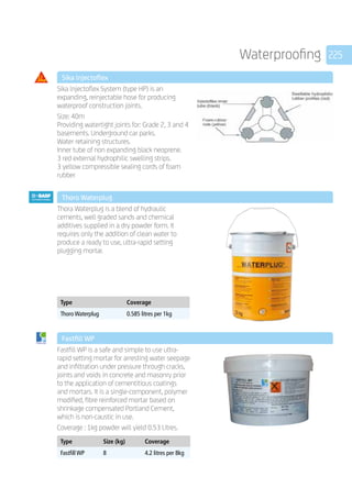 225Waterproofing
	 Sika lnjectoflex
	
Sika lnjectoflex System (type HP) is an
expanding, reinjectable hose for producing
waterproof construction joints.
Size: 40m
Providing watertight joints for: Grade 2, 3 and 4
basements. Underground car parks.
Water retaining structures.
Inner tube of non expanding black neoprene.
3 red external hydrophilic swelling strips.
3 yellow compressible sealing cords of foam
rubber
	 Thoro Waterplug
	
Thora Waterplug is a blend of hydraulic
cements, well graded sands and chemical
additives supplied in a dry powder form. It
requires only the addition of clean water to
produce a ready to use, ultra-rapid setting
plugging mortar.
	
Type Coverage
Thoro Waterplug 0.585 litres per 1kg
	 Fastfill WP
	
Fastfill WP is a safe and simple to use ultra-
rapid setting mortar for arresting water seepage
and infiltration under pressure through cracks,
joints and voids in concrete and masonry prior
to the application of cementitious coatings
and mortars. It is a single-component, polymer
modified, fibre reinforced mortar based on
shrinkage compensated Portland Cement,
which is non-caustic in use.
Coverage : 1kg powder will yield 0.53 Litres.
	
Type Size (kg) Coverage
Fastfill WP 8 4.2 litres per 8kg
	
 