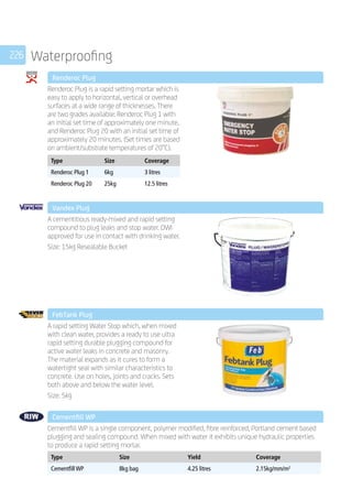 226 Waterproofing
	 Renderoc Plug
	
Renderoc Plug is a rapid setting mortar which is
easy to apply to horizontal, vertical or overhead
surfaces at a wide range of thicknesses. There
are two grades available: Renderoc Plug 1 with
an initial set time of approximately one minute,
and Renderoc Plug 20 with an initial set time of
approximately 20 minutes. (Set times are based
on ambient/substrate temperatures of 20°C).
	
Type Size Coverage
Renderoc Plug 1 6kg 3 litres
Renderoc Plug 20 25kg 12.5 litres
	 Vandex Plug
	
A cementitious ready-mixed and rapid setting
compound to plug leaks and stop water. DWI
approved for use in contact with drinking water.
Size: 15kg Resealable Bucket
	 FebTank Plug
	
A rapid setting Water Stop which, when mixed
with clean water, provides a ready to use ultra
rapid setting durable plugging compound for
active water leaks in concrete and masonry.
The material expands as it cures to form a
watertight seal with similar characteristics to
concrete. Use on holes, joints and cracks. Sets
both above and below the water level.
Size: 5kg
	 Cementfill WP
	
Cementfill WP is a single component, polymer modified, fibre reinforced, Portland cement based
plugging and sealing compound. When mixed with water it exhibits unique hydraulic properties
to produce a rapid setting mortar.
	
Type Size Yield Coverage
Cementfill WP 8kg bag 4.25 litres 2.15kg/mm/m2
 