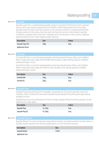 229Waterproofing
	 Aquatek
	
Aquatek super XA is a waterproofing powder product composed of Portland cement, selected
silicas, chemically reactive ingredients and modifiers. When broadcasted onto the surface,
Aquatek Super XA reacts with the moisture in the concrete and forms a waterproofing barrier
through reaction of the active chemicals with the free-lime, to form long chained insoluble
crystalline complexes which block the capillaries and micro-fissures in the concrete, stopping
water penetration even under negative water pressure.
	
Description Size Colour
Aquatek Super XA 25kg Grey
Application Brush
	 Omnitek
	
Omnitek RM Fiber is a cement-based powder containing selected silicas, fibres and modifiers.
When mixed with clean water Omnitek RM Fiber provides a rapid setting, polymer modified,
waterproof repair mortar.
Omnitek XL Fiber is a cement-based powder containing selected silicas, fibres and modifiers.
When mixed with clean water Omnitek XL Fiber provides a fast setting, polymer modified,
waterproof repair mortar.
	
Description Size Colour
Omnitek RM 25kg Grey
Omnitek XL 25kg Grey
	
	 Aquatek Plug
	
Aquatek Plug  Aquatek Plug XF are powders composed out of cement, selected silicas and
modifiers. When mixed with clean water Aquatek Plug  Aquatek Plug XF provide rapid setting
plugging mortars.
Aquatek Plug has a final setting time of three minutes, Aquatec Plug XF of thirty seconds. Can be
applied even under water. 	
	
Description Size Colour
Aquatek Plug 10, 25kg Grey
Aquatek Plug XF 10, 25kg Grey
	 Aquatek Mastic P
	
Aquatek Mastic P is a one-component, polyurethane sealant and adhesive which can be used as a
durable, flexible sealant or for bonding applications on most building materials.
	
Description Size
Aquatek Mastic 310ml
Application Gun
 