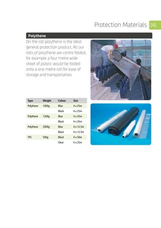 241Protection Materials
	 Polythene
	
On the roll polythene is the ideal
general protection product. All our
rolls of polythene are centre folded,
for example a four metre wide
sheet of plastic would be folded
onto a one metre roll for ease of
storage and transportation.
	
Type Weight Colour Size
Polythene 1000g Blue 4 x 25m
Black 4 x 25m
Polythene 1200g Blue 4 x 25m
Black 4 x 25m
Polythene 2000g Blue 4 x 12.5m
Black 4 x 12.5m
TPS 500g Black 4 x 50m
Clear 4 x 25m
	
	
	
	
	
 
