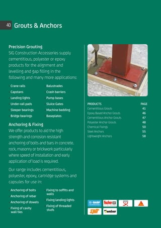 40 Grouts  Anchors
Precision Grouting
SIG Construction Accessories supply
cementitious, polyester or epoxy
products for the alignment and
levelling and gap filling in the
following and many more applications:
Anchoring  Fixing
We offer products to aid the high
strength and corrosion resistant
anchoring of bolts and bars in concrete.
rock, masonry or brickwork particularly
where speed of installation and early
application of load is required.
Our range includes cementitious,
polyester, epoxy, cartridge systems and
capsules for use in:
• Crane rails
• Capstans
• Landing lights
• Under-rail pads
• Sleeper bearings
• Bridge bearings
• Balustrades
• Crash barriers
• Pump bases
• Sluice Gates
• Machine bedding
• Baseplates
• Anchoring of bolts
• Anchoring of rebar
• Anchoring of dowels
• Fixing of cavity 		
wall ties
• Fixing to soffits and
walls
• Fixing landing lights
• Fixing of threaded
studs
PRODUCTS	PAGE
Cementitious Grouts	 41
Epoxy Based Anchor Grouts	 46
Cementitious Anchor Grouts	 47
Polyester Anchor Grouts	 48
Chemical Fixings	 50
Steel Anchors	 55
Lightweight Anchors	 58
 