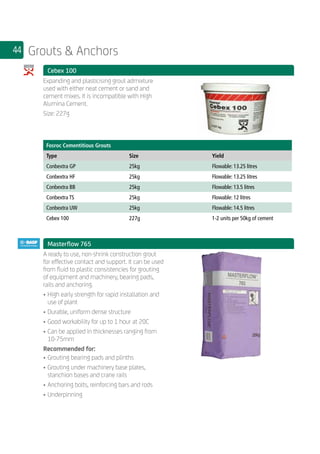 44 Grouts  Anchors
	 Cebex 100
	
Expanding and plasticising grout admixture
used with either neat cement or sand and
cement mixes. It is incompatible with High
Alumina Cement.
Size: 227g
	
Fosroc Cementitious Grouts
Type Size Yield
Conbextra GP 25kg Flowable: 13.25 litres
Conbextra HF 25kg Flowable: 13.25 litres
Conbextra BB 25kg Flowable: 13.5 litres
Conbextra TS 25kg Flowable: 12 litres
Conbextra UW 25kg Flowable: 14.5 litres
Cebex 100 227g 1-2 units per 50kg of cement
	
	 Masterflow 765
	
A ready to use, non-shrink construction grout
for effective contact and support. It can be used
from fluid to plastic consistencies for grouting
of equipment and machinery, bearing pads,
rails and anchoring.
•	High early strength for rapid installation and
use of plant
•	Durable, uniform dense structure
•	Good workability for up to 1 hour at 20C
•	Can be applied in thicknesses ranging from
10-75mm
Recommended for:
•	Grouting bearing pads and plinths
•	Grouting under machinery base plates,
stanchion bases and crane rails
•	Anchoring bolts, reinforcing bars and rods
•	Underpinning
 