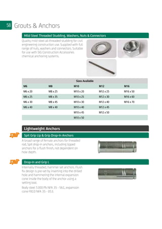 58 Grouts  Anchors
	 Mild Steel Threaded Studding, Washers, Nuts  Connectors
	
Quality mild steel all-threaded studding for civil
engineering construction use. Supplied with full
range of nuts, washers and connectors. Suitable
for use with SIG Construction Accessories
chemical anchoring systems.
	
Sizes Available
M6 M8 M10 M12 M16
M6 x 20 M8 x 25 M10 x 20 M12 x 25 M16 x 50
M6 x 25 M8 x 35 M10 x 25 M12 x 30 M16 x 60
M6 x 30 M8 x 45 M10 x 30 M12 x 40 M16 x 70
M6 x 40 M8 x 40 M10 x 40 M12 x 45
M10 x 45 M12 x 50
M10 x 50
	 Lightweight Anchors
	 Spit Grip Lip  Grip Drop-In Anchors
	
A broad range of female anchors for threaded
rod, Spit drop-in anchors, including lipped
anchors for a flush finish, not dependent on
hole depth.
	 Drop-In and Grip L
	
Internally threaded, hammer set anchors. Flush
fix design is pre-set by inserting into the drilled
hole and hammering the internal expansion
cone inside the body of the anchor using a
setting tool.
Body steel 5300 Pb NFA 35 - 561, expansion
cone FB10 NFA 35 - 053.
 