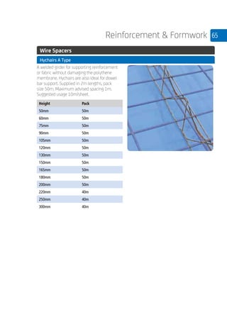 65Reinforcement  Formwork
	 Wire Spacers
	 Hychairs A Type
	
A welded girder for supporting reinforcement
or fabric without damaging the polythene
membrane. Hychairs are also ideal for dowel
bar support. Supplied in 2m lengths, pack
size 50m. Maximum advised spacing 1m.
Suggested usage 10m/sheet.
	
Height Pack
50mm 50m
60mm 50m
75mm 50m
90mm 50m
105mm 50m
120mm 50m
130mm 50m
150mm 50m
165mm 50m
180mm 50m
200mm 50m
220mm 40m
250mm 40m
300mm 40m
	
 
