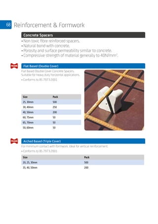 68 Reinforcement  Formwork
	 Concrete Spacers
	
•	Non toxic fibre reinforced spacers.
•	Natural bond with concrete.
•	Porosity and surface permeability similar to concrete.
•	Compressive strength of material generally to 40N/mm2
.
	 Flat Based (Double Cover)
	
Flat Based Double Cover Concrete Spacers.
Suitable for heavy duty horizontal applications.
• Conforms to BS 7973:2001
	
Size Pack
25, 30mm 500
30, 40mm 250
40, 50mm 200
60, 75mm 50
65, 70mm 50
50, 60mm 50
	 Arched Based (Triple Cover)
	
For minimum contact with formwork. Ideal for vertical reinforcement.
• Conforms to BS 7973:2001
	
Size Pack
20, 25, 30mm 500
35, 40, 50mm 200
	
 