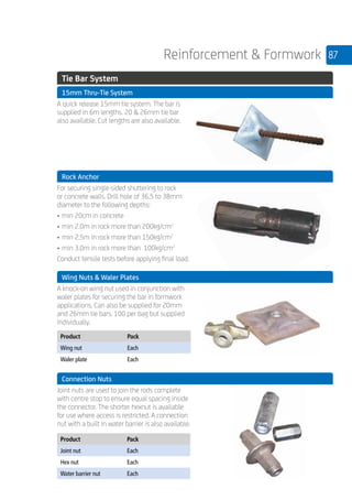 87Reinforcement  Formwork
	 Tie Bar System
	 15mm Thru-Tie System
	
A quick release 15mm tie system. The bar is
supplied in 6m lengths. 20  26mm tie bar
also available. Cut lengths are also available.
	 Rock Anchor
	
For securing single-sided shuttering to rock
or concrete walls. Drill hole of 36.5 to 38mm
diameter to the following depths:
•	min 20cm in concrete
•	min 2.0m in rock more than 200kg/cm2
•	min 2.5m in rock more than 150kg/cm2
•	min 3.0m in rock more than 100kg/cm2
Conduct tensile tests before applying final load.
	 Wing Nuts  Waler Plates
	
A knock-on wing nut used in conjunction with
waler plates for securing the bar in formwork
applications. Can also be supplied for 20mm
and 26mm tie bars. 100 per bag but supplied
individually.
	
Product Pack
Wing nut Each
Waler plate Each
	 Connection Nuts
	
Joint nuts are used to join the rods complete
with centre stop to ensure equal spacing inside
the connector. The shorter hexnut is available
for use where access is restricted. A connection
nut with a built in water barrier is also available.
	
Product Pack
Joint nut Each
Hex nut Each
Water barrier nut Each
 