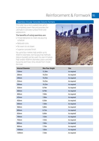 95Reinforcement  Formwork
	 Seamless Circular Concrete Column Formers
	
This tube has a resin-coated liner, which
is completely seam free and provides the
ultimate in concrete surface finish and
appearance.
The benefits of using seamless are:
•	Timed deliveries to meet site pouring
schedule
•	Reduced costs
•	No seam to rub down
•	Superior concrete finish
For up to four metres high and/or up to
450mm diameter, normal pouring methods
(skip or bucket) can be used. For over 4 metres
high and/or 450mm diameter, place concrete
by pump and hose. Only vibrate from inside
the tube.
	
Internal Diameter Max Pour Height Size
150mm 12.30m As required
200mm 10.25m As required
240mm 10.25m As required
250mm 10.25m As required
300mm 10.25m As required
350mm 8.79m As required
360mm 8.79m As required
400mm 7.69m As required
435mm 7.00m As required
450mm 6.50m As required
500mm 7.30m As required
560mm 6.80m As required
600mm 6.15m As required
650mm 6.00m As required
700mm 7.03m As required
750mm 7.03m As required
800mm 7.69m As required
900mm 7.70m As required
1000mm 7.65m As required
1200mm 7.50m As required
 