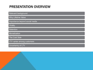 PRESENTATION OVERVIEW
Relevant background

Why Lifetime Value
Importance beyond social media
Virality
Retention
Monetization
The Cost Side
LTV varies among customers
Uncertainty of LTV

 