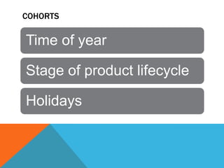 COHORTS

Time of year
Stage of product lifecycle

Holidays

 
