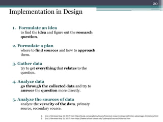 1. Formulate an idea
to find the idea and figure out the research
question.
2. Formulate a plan
where to find sources and how to approach
them.
3. Gather data
try to get everything that relates to the
question.
4. Analyze data
go through the collected data and try to
answer the question more directly.
5. Analyze the sources of data
analyze the veracity of the data. primary
source, secondary source.
Implementation in Design
20
1. (n.d.). Retrieved July 22, 2017, from http://study.com/academy/lesson/historical-research-design-definition-advantages-limitations.html
2. (n.d.). Retrieved July 22, 2017, from https://www.ischool.utexas.edu/~palmquis/courses/historical.htm
 