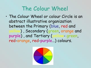 The Colour Wheel
• The Colour Wheel or colour Circle is an
  abstract illustrative organization
  between the Primary (blue, red and
  yellow) , Secondary (green, orange and
  purple) , and Tertiary (yellow- green,
  red-orange, red-purple…) colours.
 
